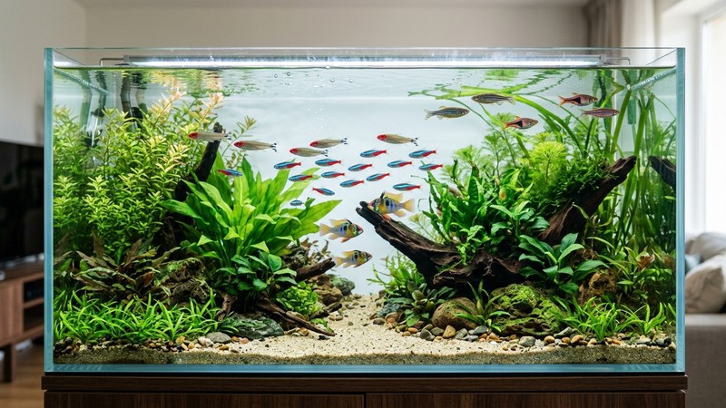 un acuario comunitario con varios peces de nado rápido de colores en la zona media y alta, plantas verdes y agua cristalina, ambiente sano y equilibrado