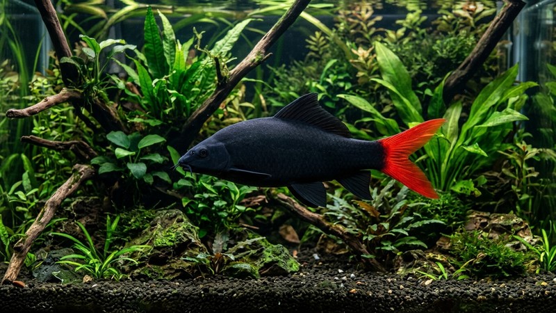 un tiburón cola roja adulto grande y vigoroso, de color negro intenso y cola roja, en un acuario plantado maduro y bien establecido con agua cristalina