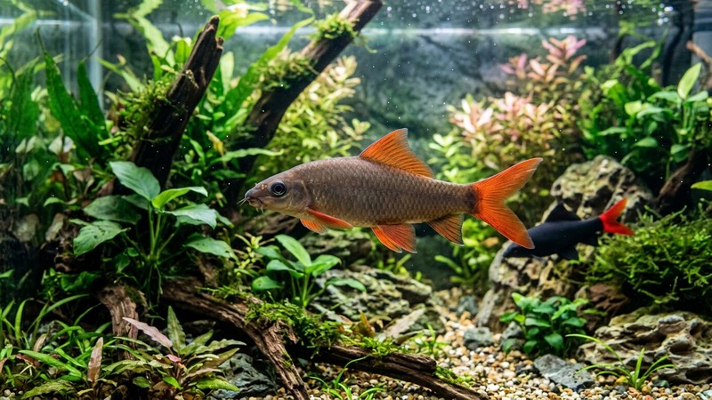 un tiburón arcoíris de agua dulce con el cuerpo gris parduzco y todas las aletas de color rojo anaranjado, nadando en un acuario plantado limpio, para contrastar con el tiburón cola roja