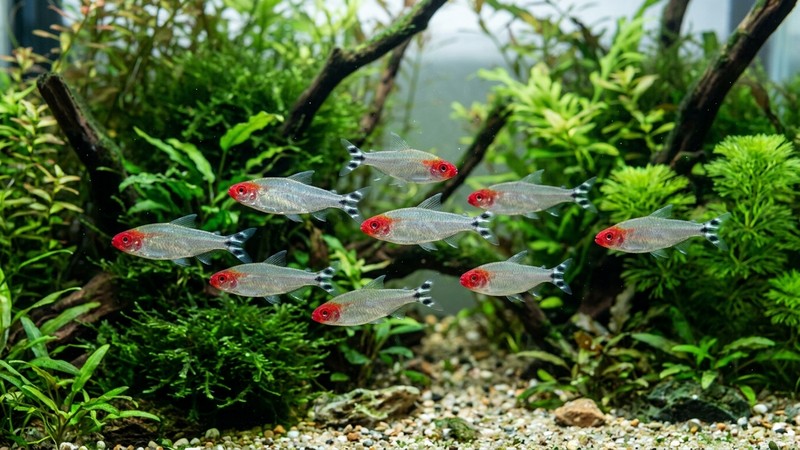 varios tetras nariz roja plateados con la cara de un rojo intenso, destacando sobre un fondo de plantas verdes en un acuario cristalino