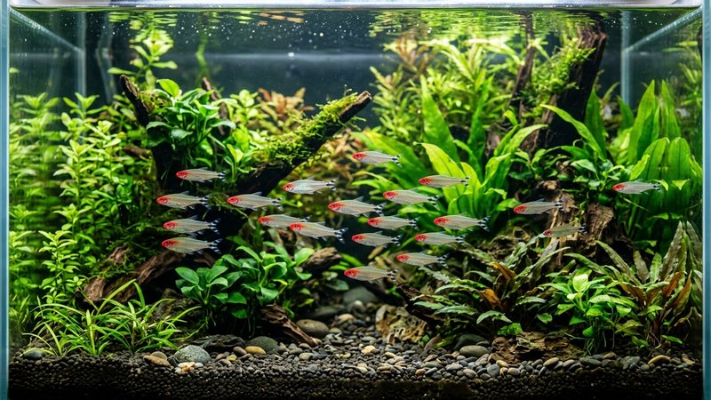 un grupo de tetras nariz roja de nariz muy encendida y luminosa nadando saludables y activos en un acuario plantado de agua clara