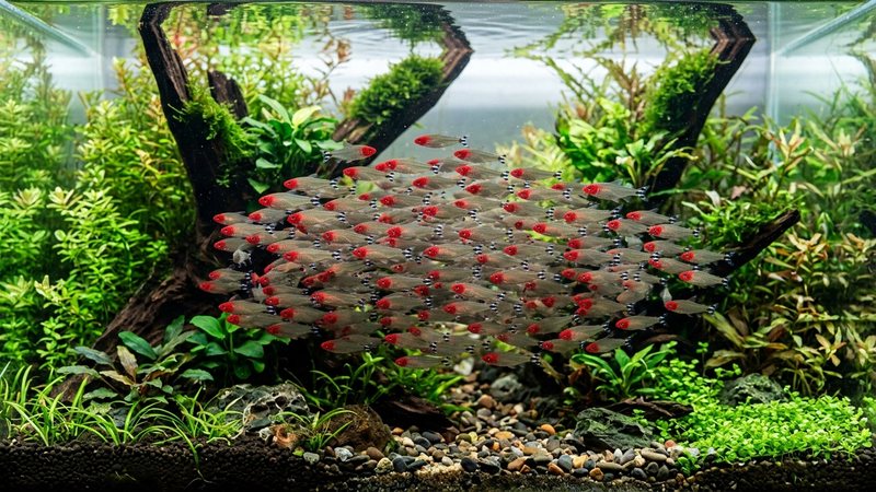 un cardumen de tetras nariz roja de color rojo saturado y vivo formando una nube compacta en un acuario plantado limpio