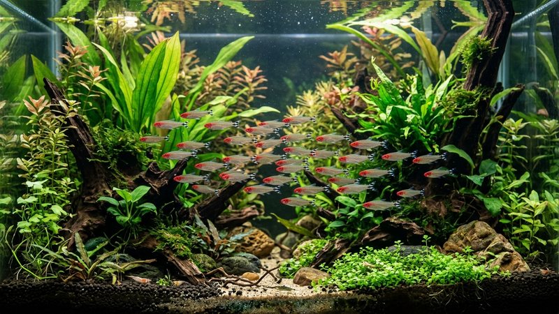 un acuario amazónico plantado de aguas cristalinas y estables con un cardumen de tetras nariz roja de cabeza roja brillante nadando tranquilos