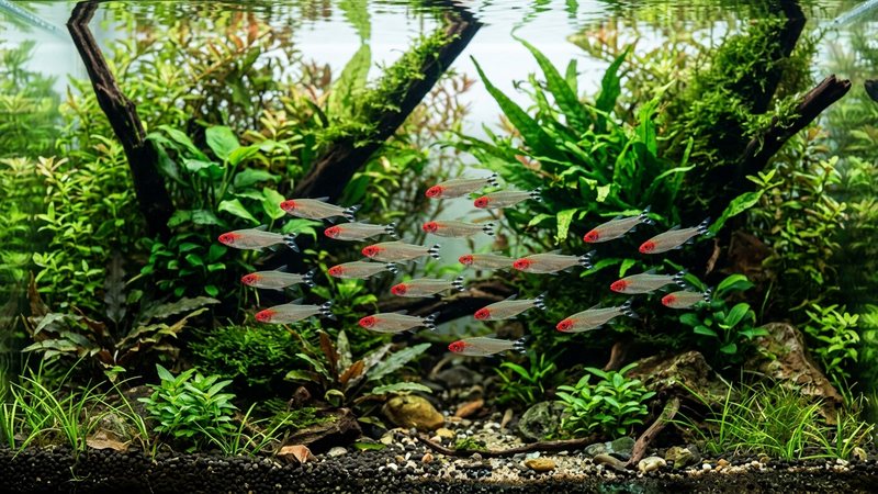 tetras nariz roja de cabeza roja brillante nadando en un acuario plantado bien maduro con agua cristalina y plantas frondosas al fondo