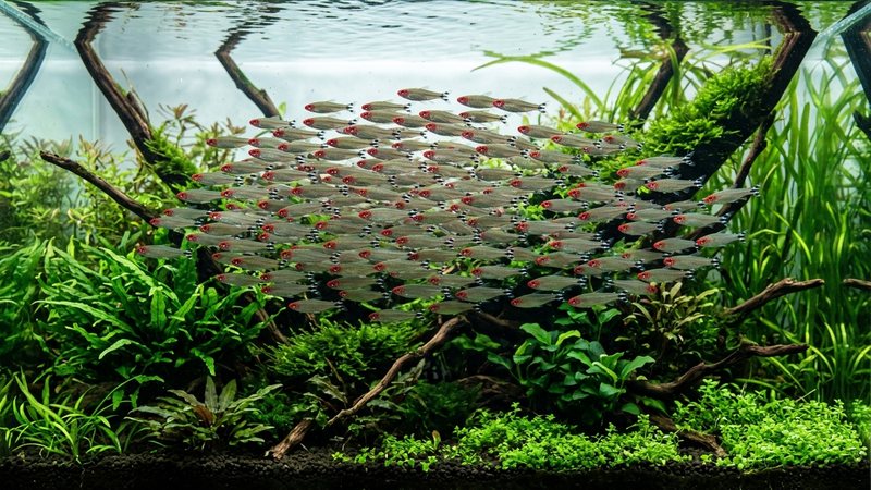 un cardumen muy cerrado y apretado de tetras nariz roja desplazándose a media agua como un banco sincronizado en un acuario plantado