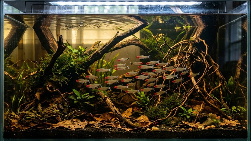 un acuario de estilo amazónico con troncos, raíces y agua teñida de ámbar por los taninos, con un cardumen de tetras nariz roja de nariz encendida