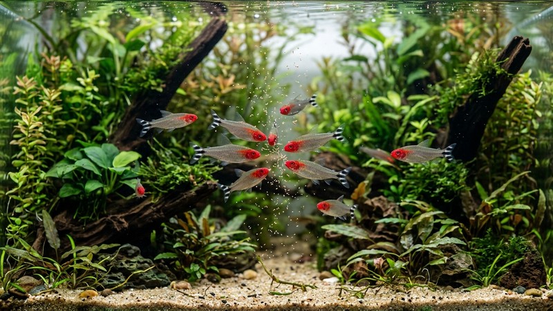 tetras nariz roja de cabeza roja y cola rayada picoteando pequeñas partículas de alimento fino en el agua de un acuario plantado limpio