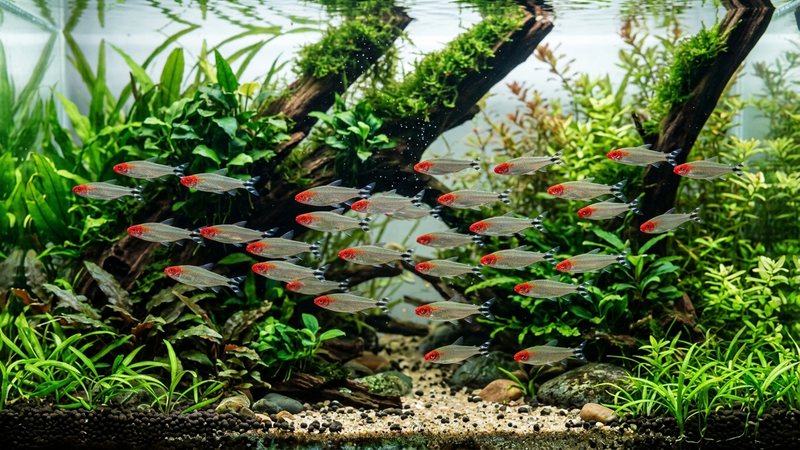 un cardumen de tetras nariz roja con la nariz de un rojo intenso y encendido nadando felices en un acuario plantado sano de agua clara