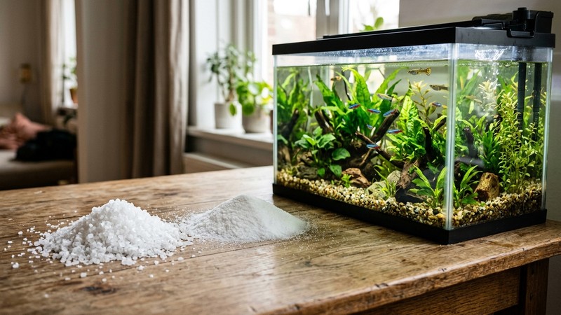 dos montoncitos de sal distintos sobre una mesa junto a un acuario
