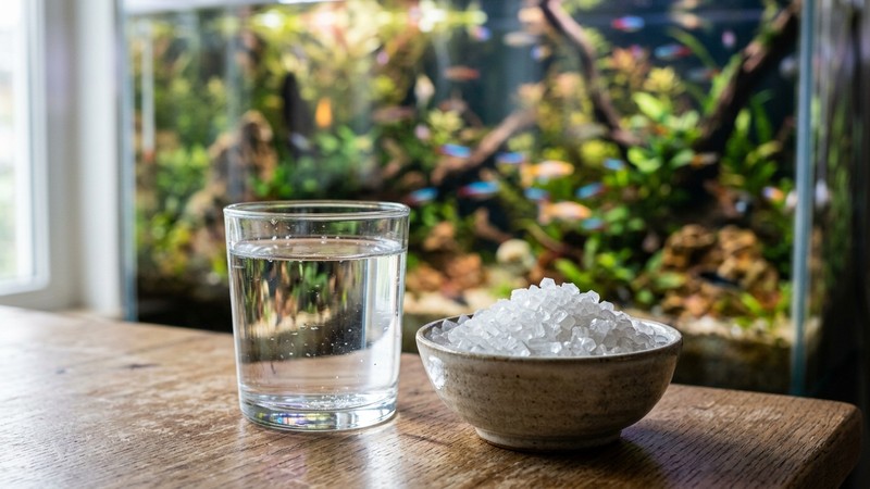 cristales de sal de Epsom junto a un vaso de agua y un acuario desenfocado al fondo