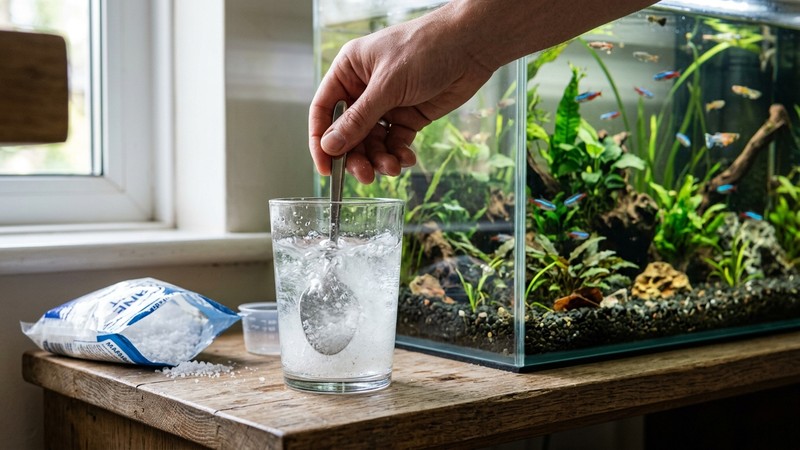 una mano disolviendo sal en un vaso de agua antes de añadirla al acuario
