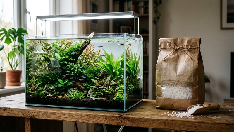 una bolsa de sal gruesa común junto a un acuario plantado