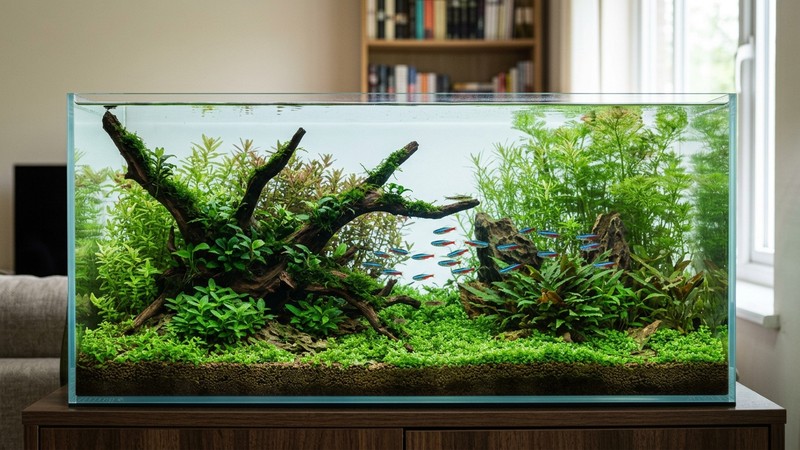 un acuario plantado frondoso con plantas verdes sanas y agua clara