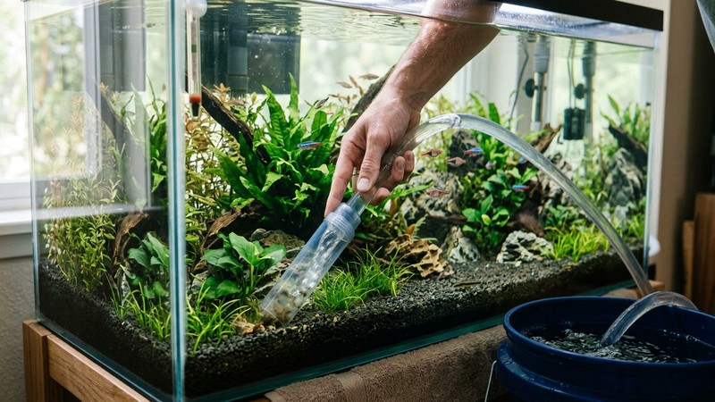 una mano haciendo un cambio de agua en un acuario limpio con un sifón