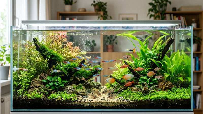 un acuario equilibrado y sano con varios peces de colores entre plantas