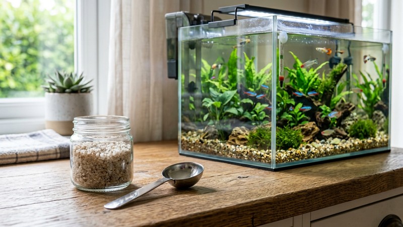sal gruesa y una cuchara medidora junto a un acuario, ambiente ordenado