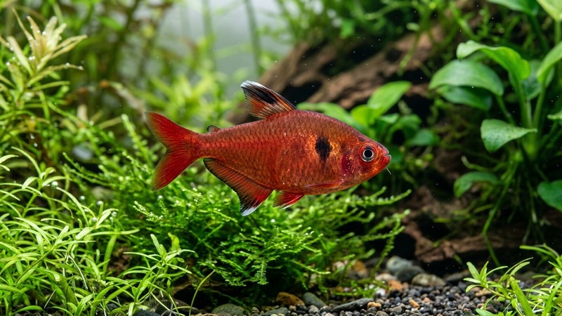 un primer plano de un tetra serpae de cuerpo alto en forma de gota, rojo intenso, con su mancha negra tras las branquias y las aletas oscuras, entre plantas verdes de un acuario