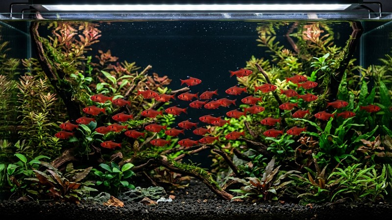 un cardumen de tetras serpae rojo sangre nadando con soltura en un acuario amplio y plantado de fondo oscuro