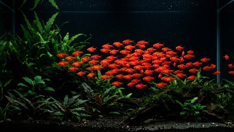 un cardumen de tetras serpae rojos brillando intensamente sobre un fondo muy oscuro y plantas verdes de un acuario