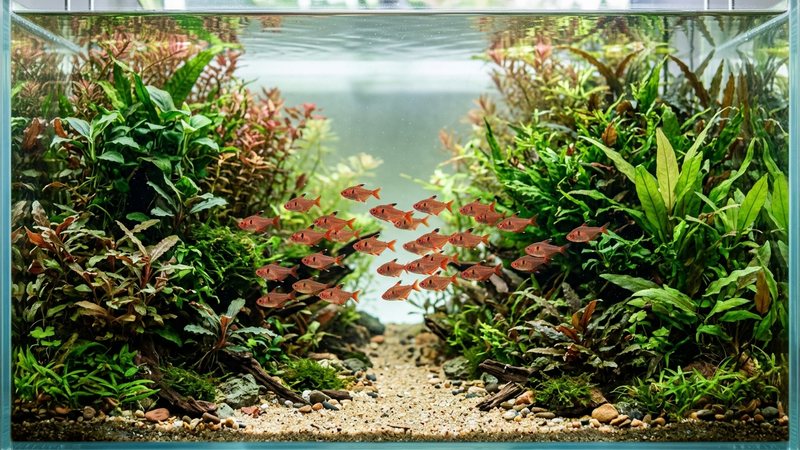 un acuario plantado con vegetación densa a los lados y un carril central despejado por donde cruza un cardumen de tetras serpae rojos