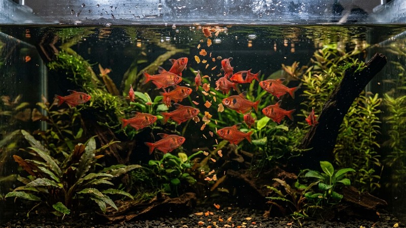 tetras serpae rojos y activos lanzándose a por escamas de comida que caen sobre la superficie de un acuario plantado de aguas oscuras