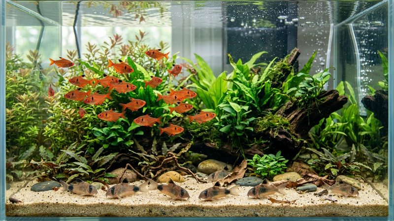 un acuario comunitario plantado con un cardumen de tetras serpae rojos en la zona media y unas corydoras tranquilas explorando el fondo de arena