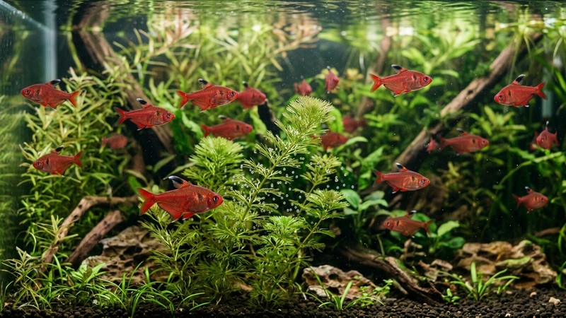 tetras serpae rojos entre plantas finas de un acuario de cría plantado, con pequeños huevos translúcidos repartidos sobre las hojas