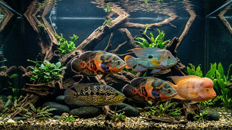 varios cíclidos sudamericanos de cuerpo alto y aspecto imponente nadando juntos en un acuario amplio y cristalino con troncos al fondo