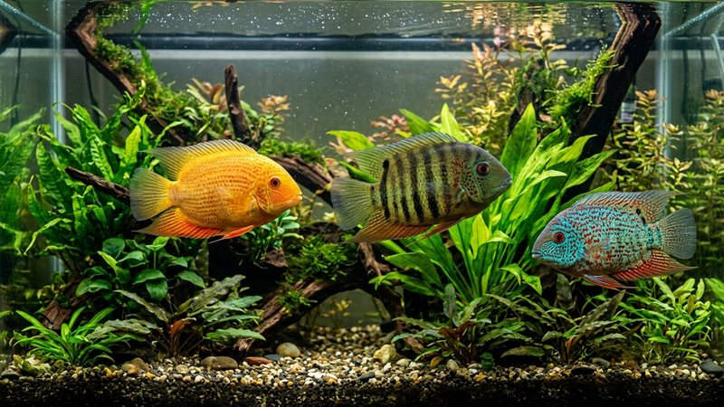 tres severum de variedades distintas, uno dorado, uno verde salvaje con barras y uno turquesa moteado de rojo, nadando en un acuario plantado y limpio