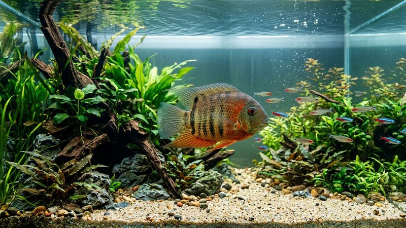 un acuario grande y espacioso con mucho volumen de agua cristalina, un severum nadando con amplitud entre zonas abiertas y refugios