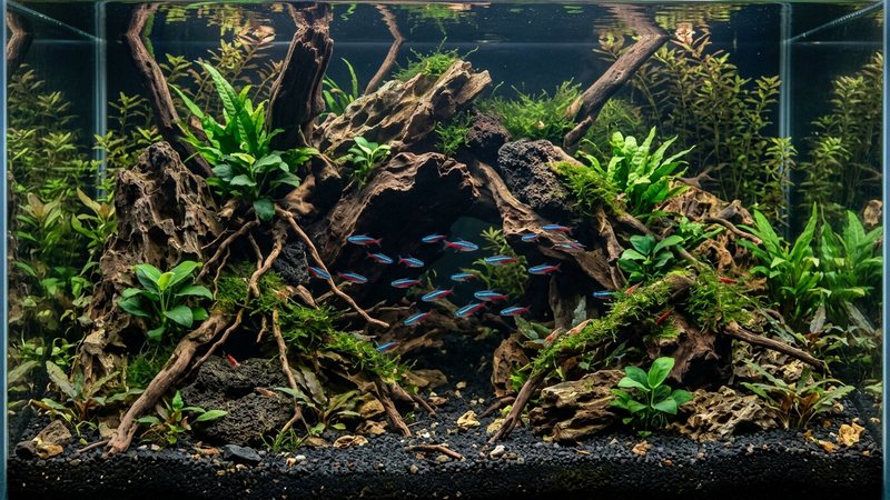una decoración de acuario con troncos, raíces retorcidas y rocas grandes formando cuevas y rincones sombreados, sustrato oscuro y agua cristalina