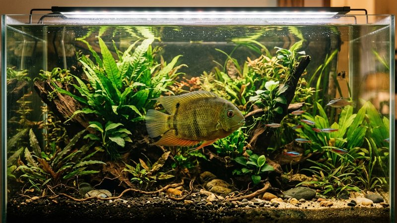 un acuario tropical cálido y bien iluminado con un severum tranquilo, plantas duras al fondo y un ambiente de aguas templadas y claras
