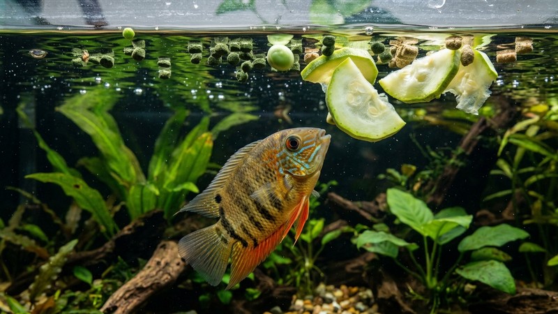 alimento vegetal para peces flotando sobre la superficie del agua, gránulos de espirulina, un guisante pelado y rodajas de calabacín escaldado, con un severum acercándose desde abajo