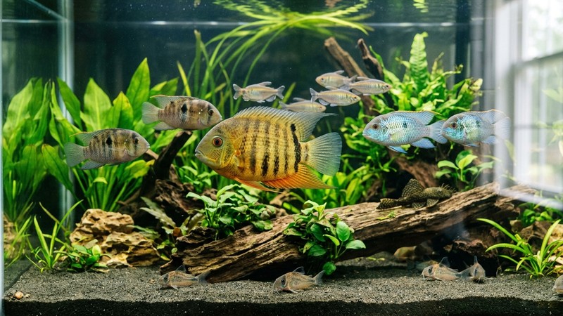 un severum conviviendo con otros peces medianos y robustos de carácter tranquilo en un acuario comunitario amplio y cristalino