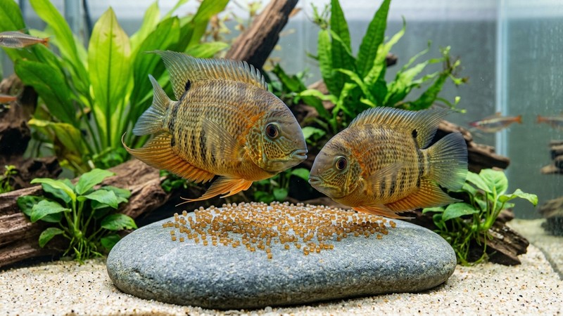 una pareja de severum vigilando su puesta de huevos sobre una roca lisa y plana en un acuario limpio, actitud protectora y agua cristalina