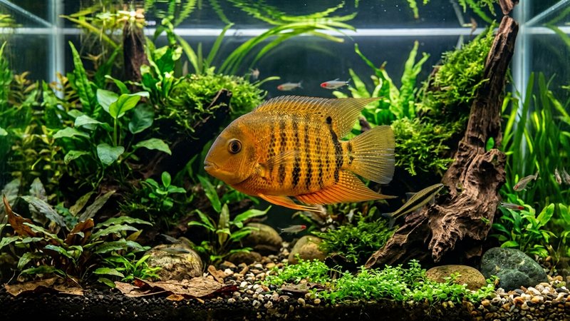 un severum adulto majestuoso y de colores vivos en un acuario maduro y bien establecido, con plantas duras sanas y agua perfectamente cristalina