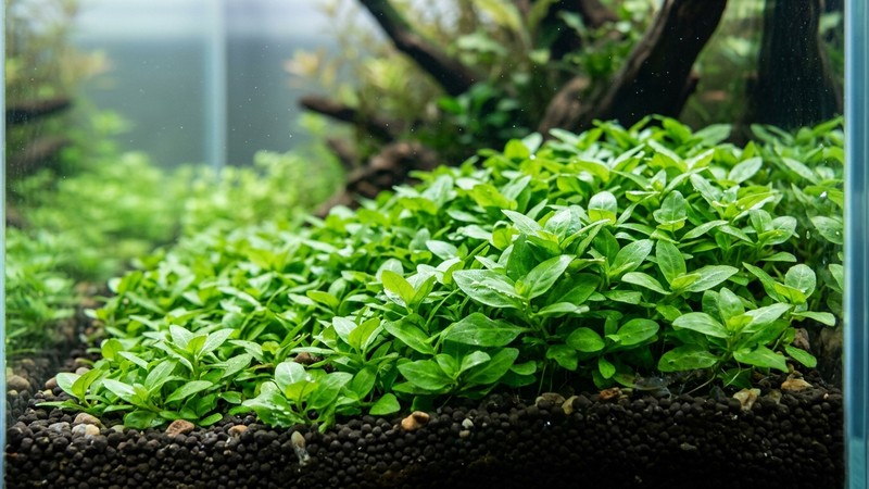 un primer plano de las hojas pequeñas de un verde vivo y fresco de una mata de Staurogyne repens dentro de un acuario limpio