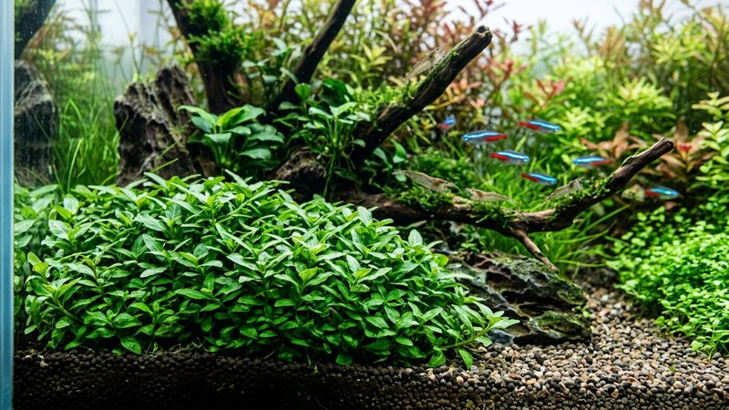 un arbusto bajo y compacto de Staurogyne repens creciendo pegado al sustrato en la zona delantera de un acuario verde y sano