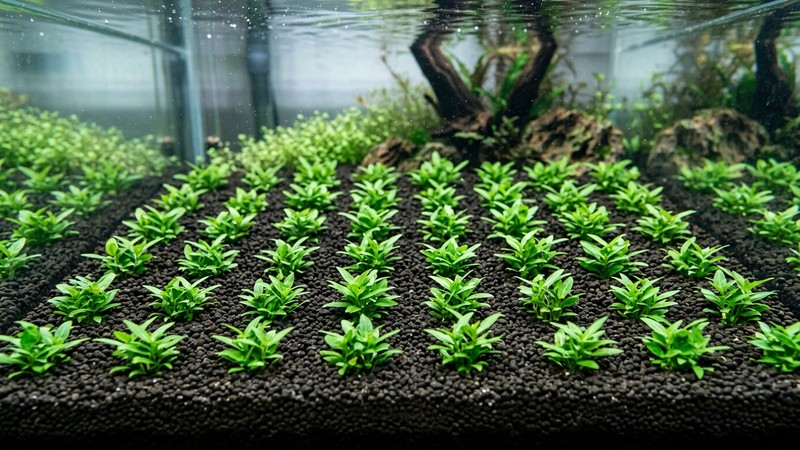 un sustrato nutritivo oscuro de acuario con pequeños grupos recién plantados de Staurogyne repens separados entre sí formando una cuadrícula