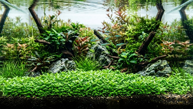 una alfombra de Staurogyne repens recién podada en horizontal, baja y uniforme, en el primer plano de un acuario plantado