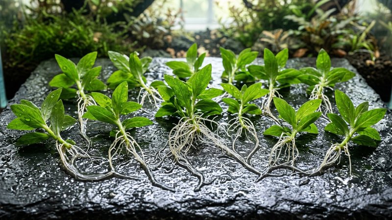 varios esquejes cortados de Staurogyne repens en reposo sobre una superficie húmeda, con sus pequeñas raíces blancas visibles