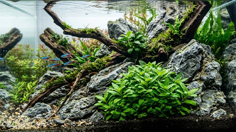 una mata de Staurogyne repens creciendo al pie de unas rocas grises en un acuascape natural con troncos y agua cristalina