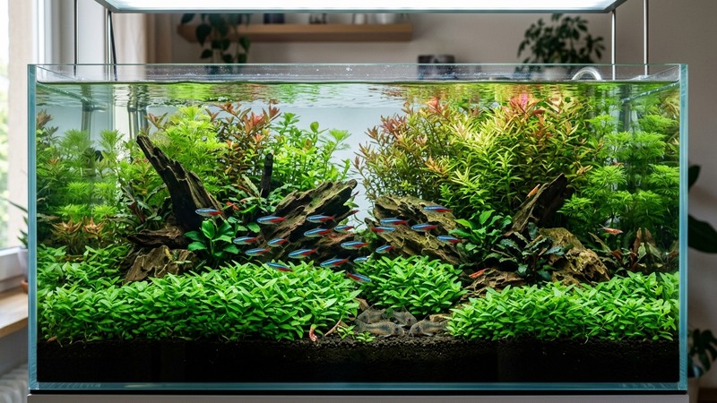un acuario plantado completo y sano con una pradera arbustiva de Staurogyne repens en primer plano que enlaza con plantas altas al fondo