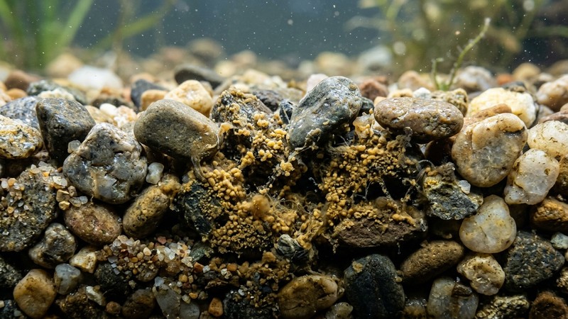 un primer plano de granos de grava y arena dentro de un acuario, donde se aprecian los recovecos entre las partículas que alojan la colonia de bacterias del fondo