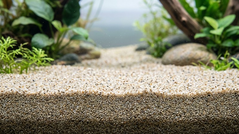 un primer plano de arena de sílice clara y neutra en el fondo de un acuario limpio, con textura fina y uniforme y el agua totalmente transparente por encima