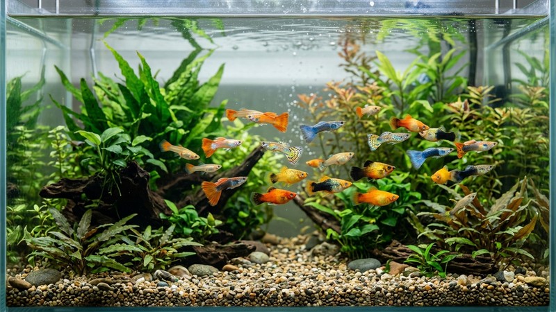 un acuario alegre con peces pequeños de colores como guppys y platys nadando a media agua sobre un fondo de grava fina y natural