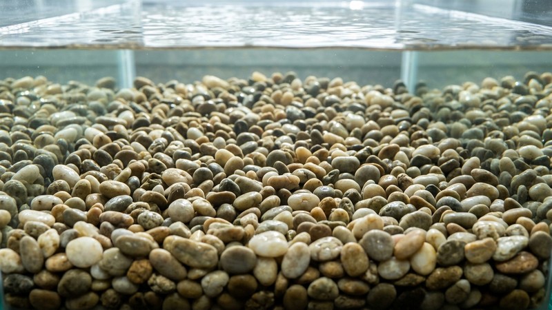 un primer plano de grava de grano grueso en el fondo de un acuario, mostrando los huecos amplios entre las piedras redondeadas bajo el agua clara