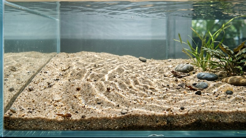 un fondo de arena fina y natural que recrea el lecho de un río tranquilo dentro de un acuario, con suaves ondulaciones y agua cristalina