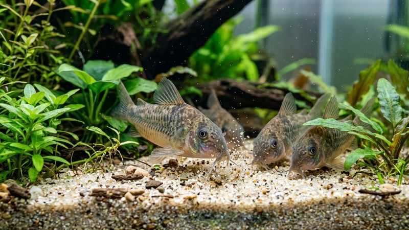 un primer plano de peces corydora explorando un fondo de arena clara en un acuario, tamizando el sustrato con el hocico entre plantas verdes