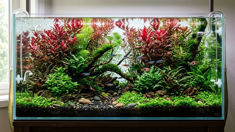 un acuario plantado exuberante con plantas de tallo rojo y verde creciendo con fuerza sobre un sustrato nutritivo, hojas sanas y agua muy limpia